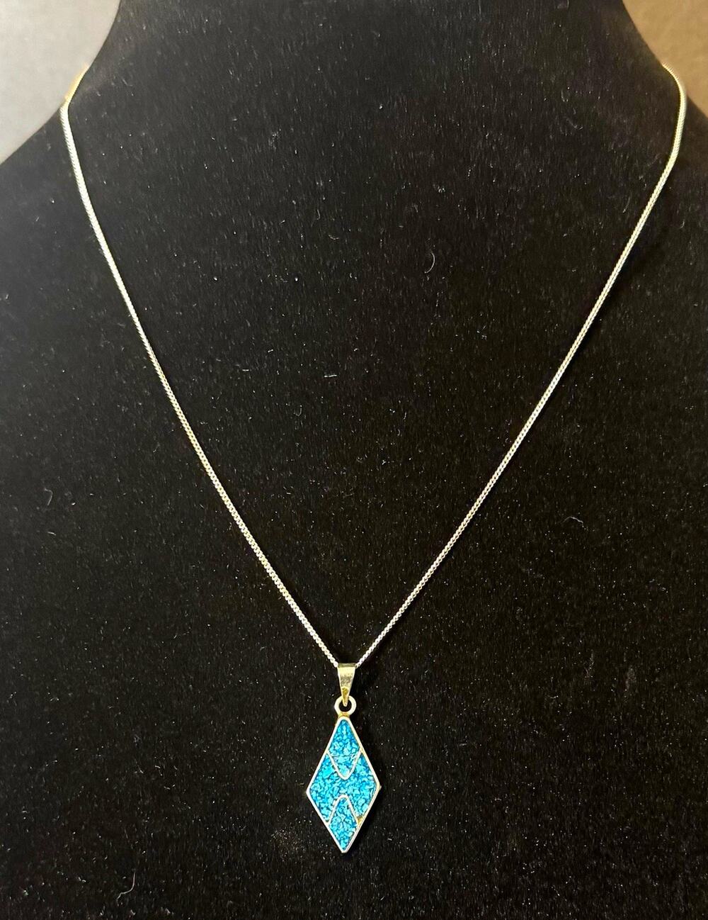 Vintage Mexican Alpaca Turquoise Mosaic Inlay Diamond Pendant 925 Sterling Chain
